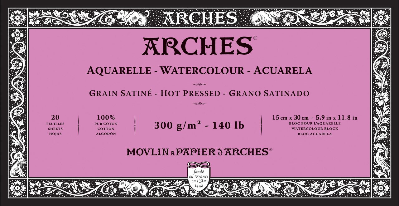 Arches Aquarelle Hot Pressed Watercolor Block 5.9"X11.8"- 140lb, 20 Sheets